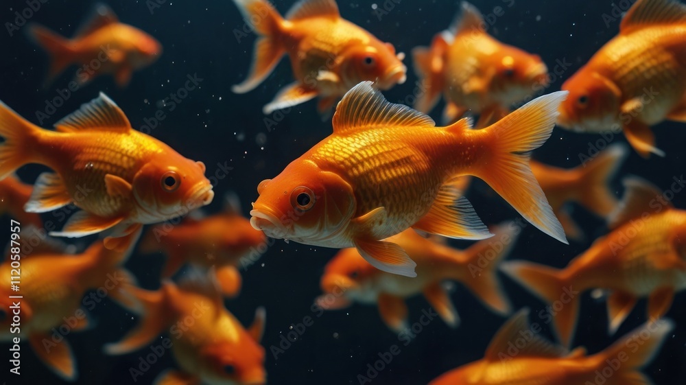 Vibrant orange goldfish swim in a dark aquarium. Vibrant orange goldfish swim in a dark aquarium.