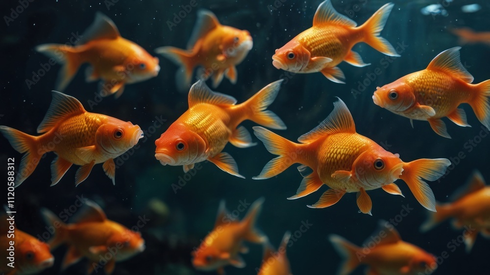Vibrant goldfish swim in a dark aquarium.
