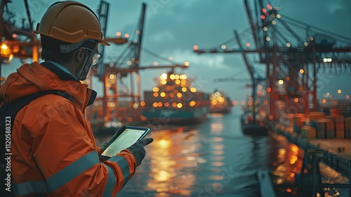 Port worker reviewing logistics on tablet at twilight