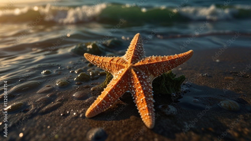 Orange starfish on sandy beach at sunset. Orange starfish on sandy beach at sunset.