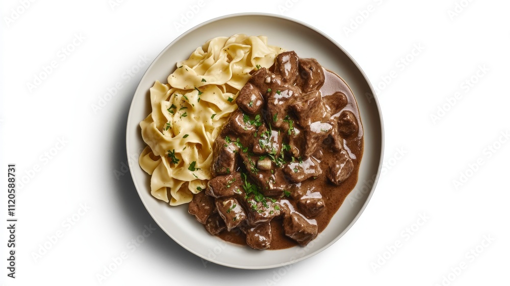 Delicious Beef Stroganoff with Egg Noodles - Overhead View Delicious Beef Stroganoff with Egg Noodles - Overhead View