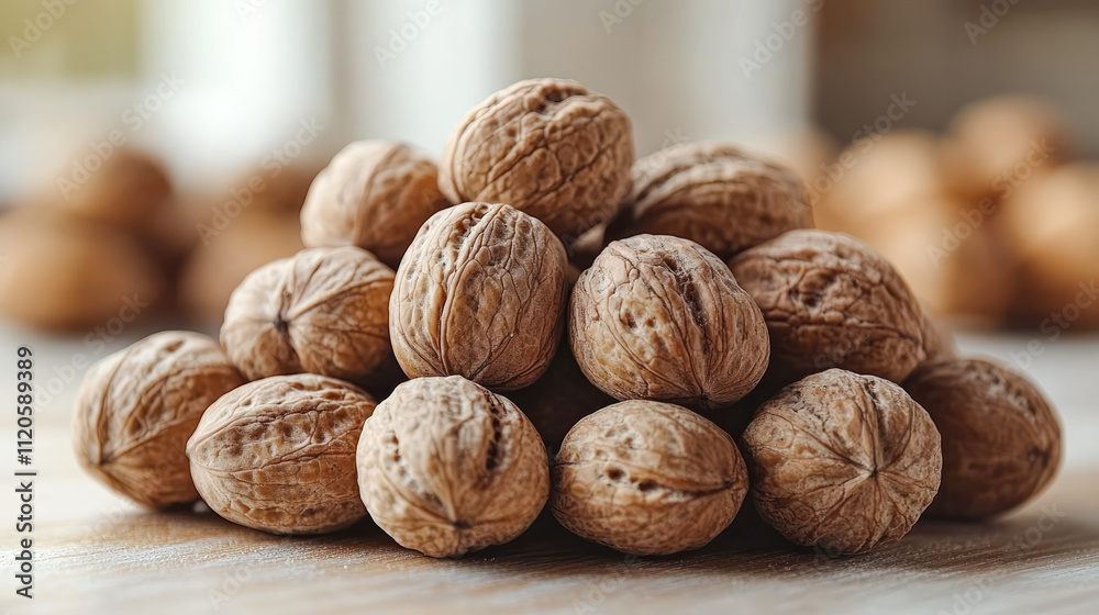 Pile of uncracked walnuts on wooden surface Pile of uncracked walnuts on wooden surface