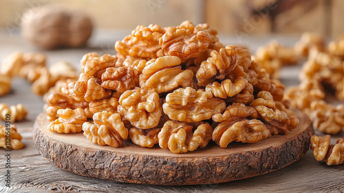 Close-up of fresh shelled walnuts on rustic wooden plate photo