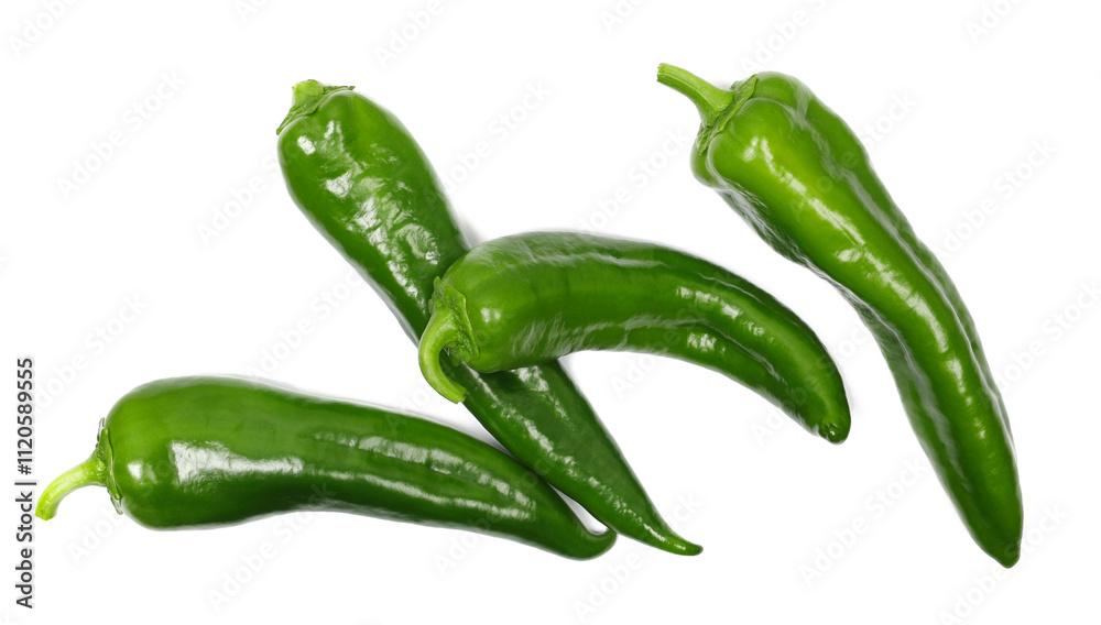 Group fresh green long peppers isolated on white, top view Group fresh green long peppers isolated on white, top view