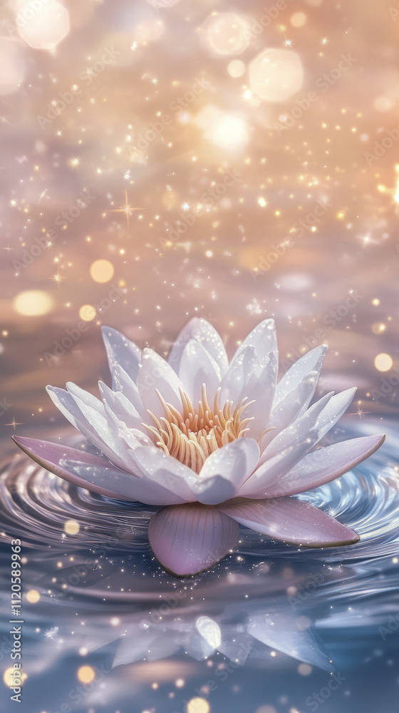 Serene white lotus on sparkling water surface in tranquil light Serene white lotus on sparkling water surface in tranquil light