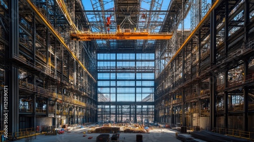 Wallpaper Mural Large industrial building under construction, showcasing steel framework, crane, and expansive glass windows. Torontodigital.ca