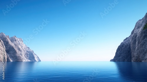 Serene ocean view between rocky cliffs under a clear blue sky.