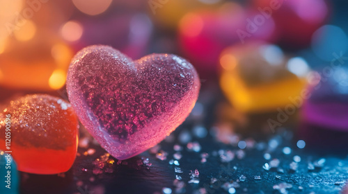 colorful gummy heart-shaped candies, with vibrant colors and sparkling sugar crystals on top.
