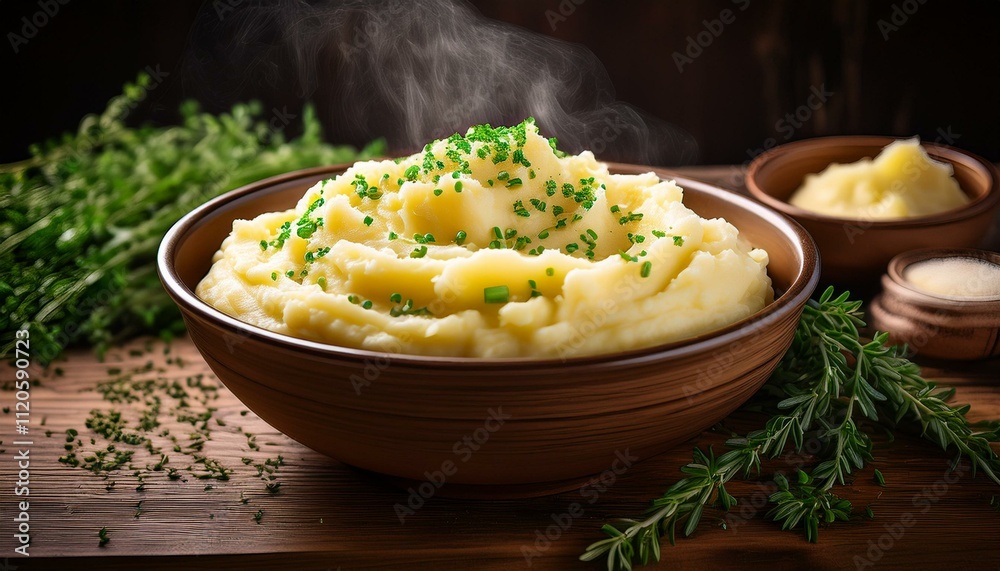 Creamy mashed potatoes with golden butter and fresh chives presented in a rustic bowl Creamy mashed potatoes with golden butter and fresh chives presented in a rustic bowl
