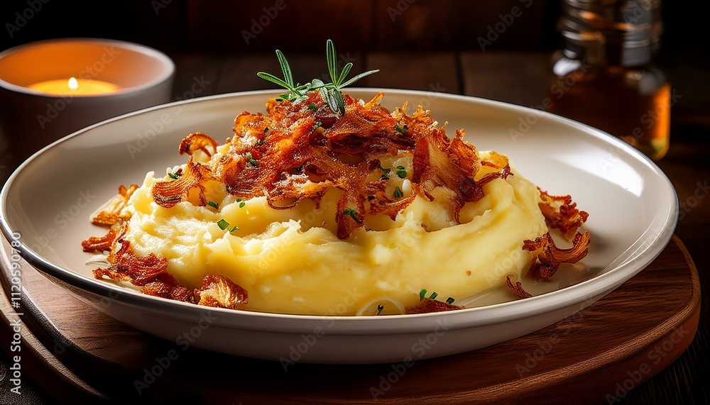 Mashed potatoes with crispy fried onions and melted cheese served in a white ceramic dish on a wooden table Mashed potatoes with crispy fried onions and melted cheese served in a white ceramic dish on a wooden table