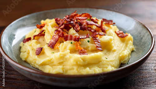 Creamy mashed potatoes topped with crispy bacon bits and cheddar cheese for a delicious side dish