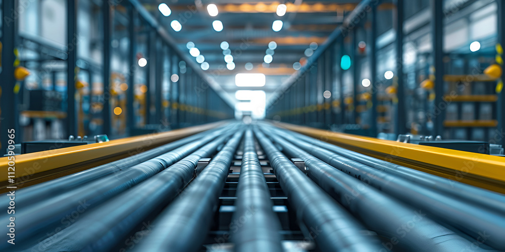 Fototapeta premium Conveyor belts transporting metal parts and ensuring efficiency in industrial manufacturing processes