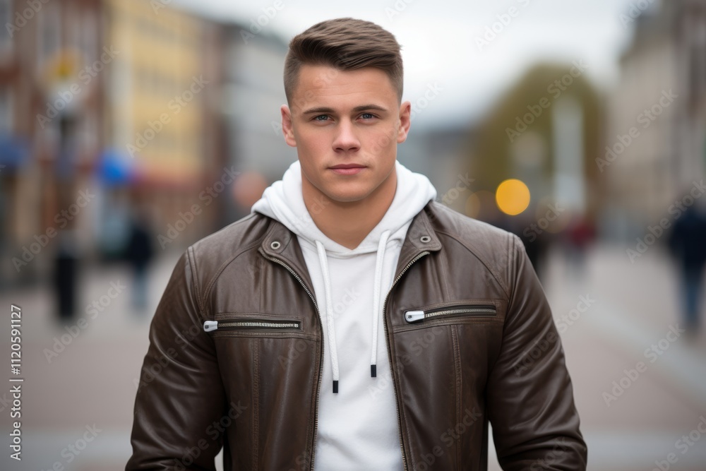A man in a leather jacket and white hoodie stands in front of a building A man in a leather jacket and white hoodie stands in front of a building