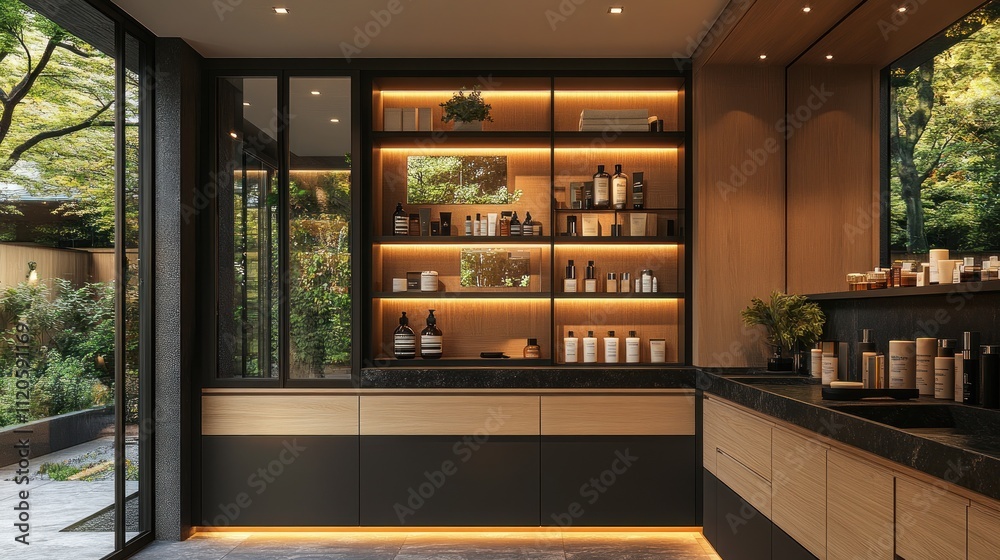 Modern spa room with sleek cabinetry, backlit shelving, and a view of a serene garden.