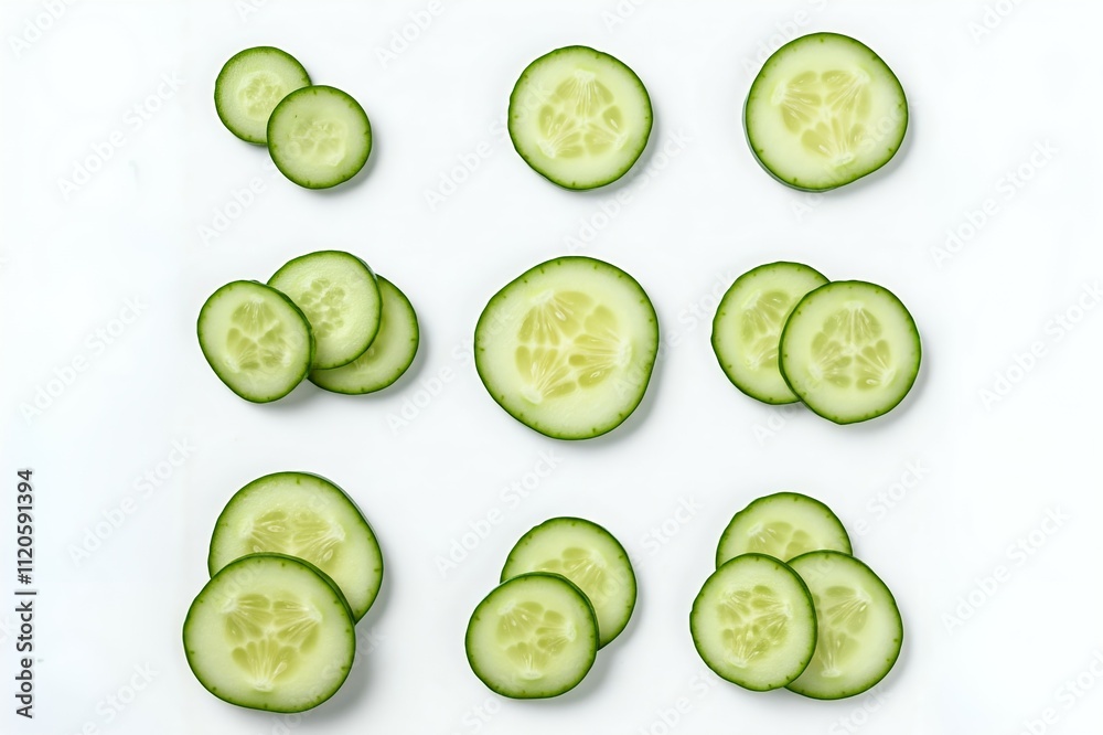 Multiple slices and pieces of cucumber arranged in various patterns against a white background. Multiple slices and pieces of cucumber arranged in various patterns against a white background.