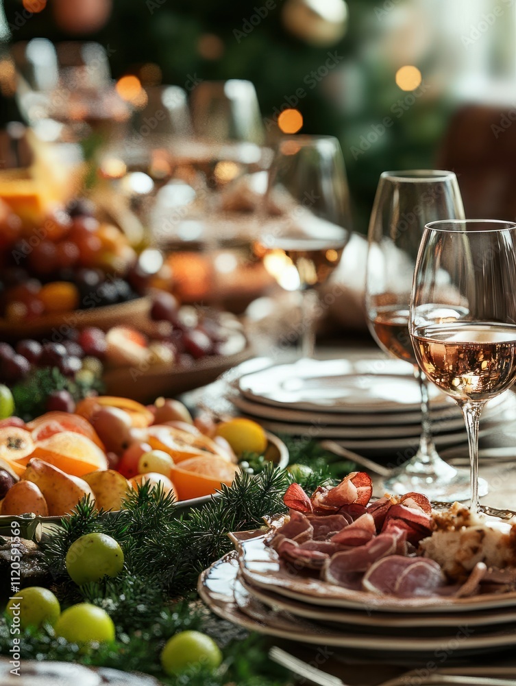 celebration, holidays, catering and eating concept - table served with plates, wine glasses and food for home dinner party celebration, holidays, catering and eating concept - table served with plates, wine glasses and food for home dinner party