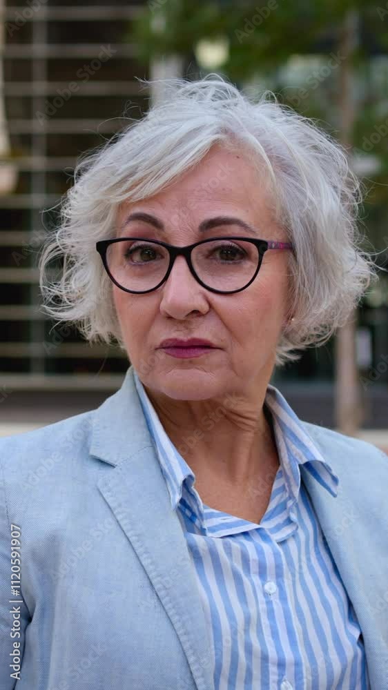 Vertical. Mature Caucasian business woman looking serious at camera in formal wear posing outdoor. Empowered senior professional female in confident attitude with glasses and gray hair in workplace
