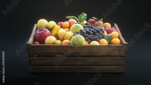 Rustic Wooden Crate Filled with Assorted Fresh Fruits on Dark Background