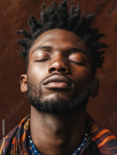 Contemplative young African black man eyes closed in mindful meditation