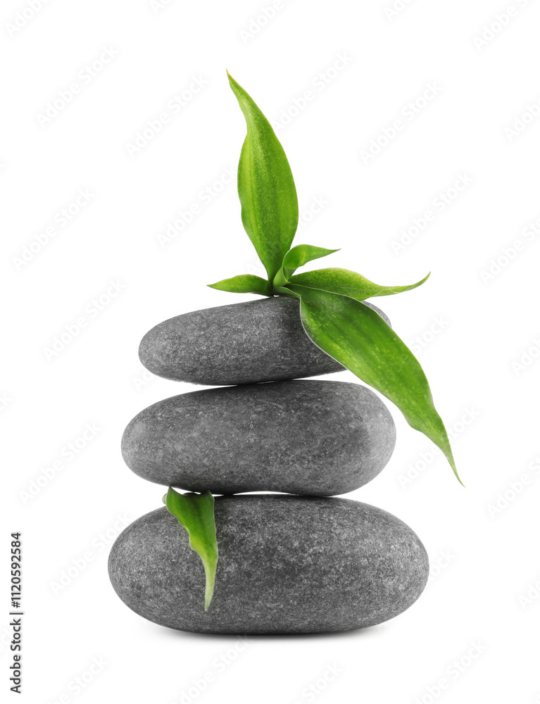 Spa stones and green leaves isolated on white Spa stones and green leaves isolated on white