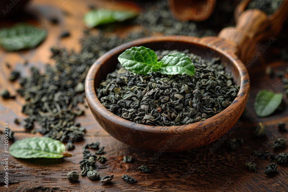 Spoon of dried green tea leaves on wooden background,. Spoon of dried green tea leaves on wooden background,.