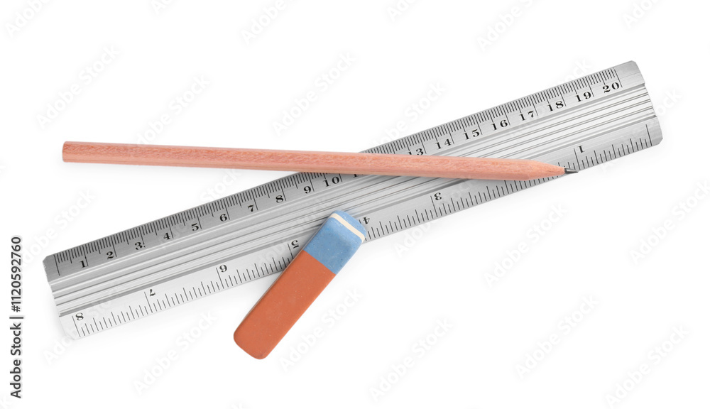 Ruler, pencil and eraser isolated on white, top view Ruler, pencil and eraser isolated on white, top view