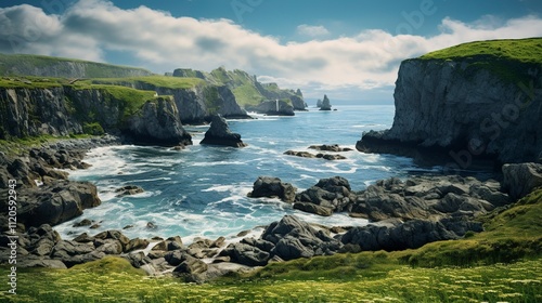 A photo of a rugged coastal inlet with cliffs.