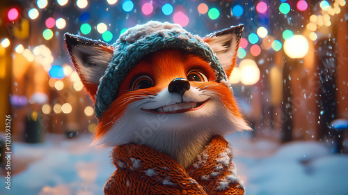 Charming Winter Scene: Cute Fox in a Cozy Knitted Hat and Sweater, Smiling Happily as Snow Falls on a Colorfully Lit Winter Street, Created by Generative AI photo