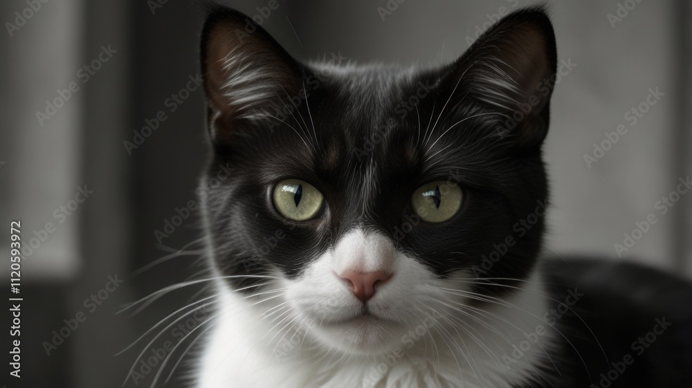Close-up portrait of a tuxedo cat with intense yellow eyes. Close-up portrait of a tuxedo cat with intense yellow eyes.
