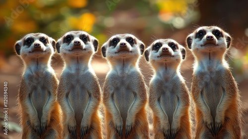 Five curious meerkats standing and looking up