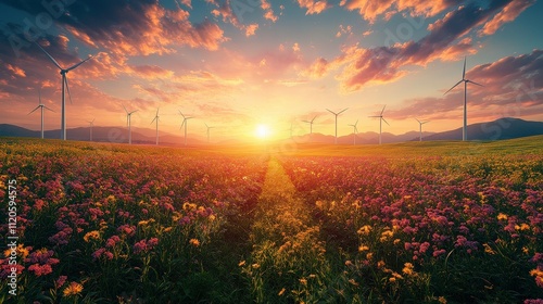 Vibrant Sunset Over Flower Field and Wind Turbines in Rural Landscape with Colorful Blooms and Calm Atmosphere for Nature and Energy Themes photo