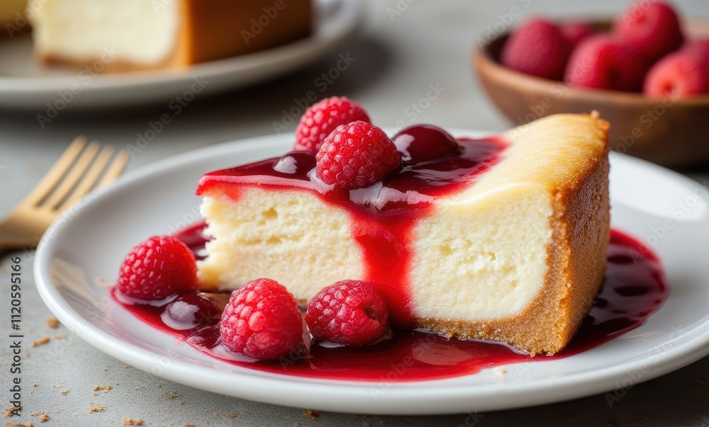 Delicious cheesecake slice with raspberry topping Delicious cheesecake slice with raspberry topping