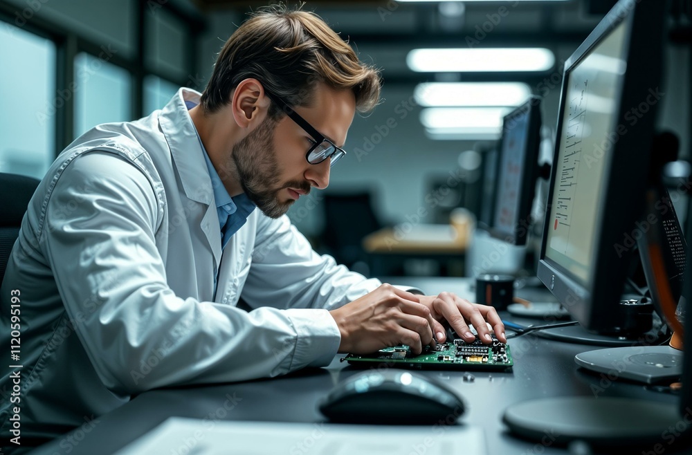 A man in glasses works with a printed circuit board. There are several monitors opposite him. A man in glasses works with a printed circuit board. There are several monitors opposite him.
