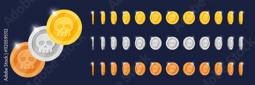 Rotating gold, silver and bronze coins animated in different directions for game app. Metal token with skull symbol various angles spinning. Moving metallic achievement icon. Flat 3D currency effect