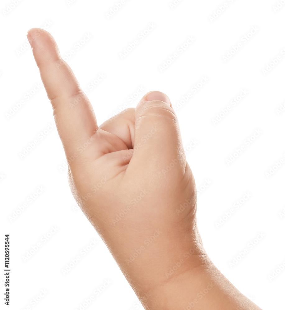 Little child pointing at something on white background, closeup of hand Little child pointing at something on white background, closeup of hand