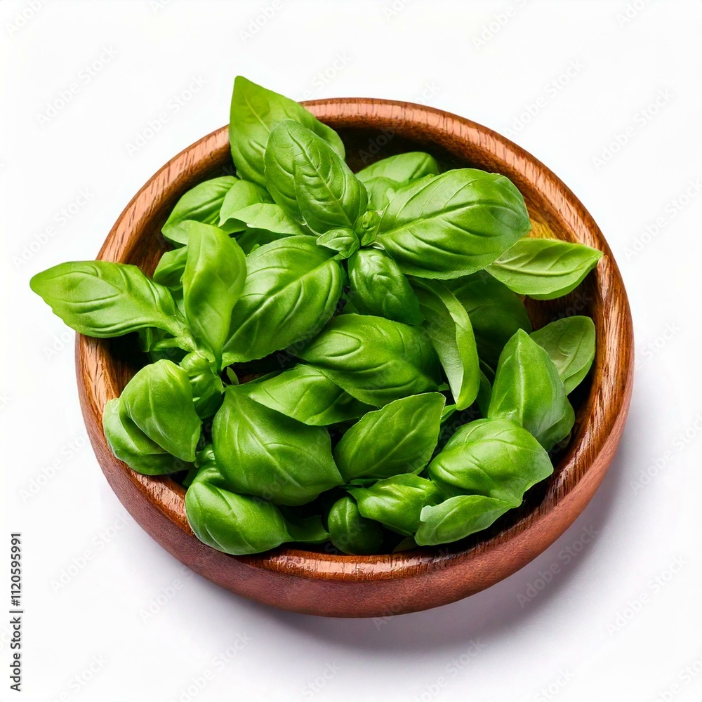 Basil in a wooden bowl, close up, front view, isolated in white background Basil in a wooden bowl, close up, front view, isolated in white background