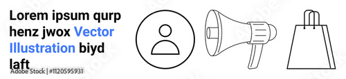 Circular user icon, megaphone, and shopping bag outline accompany placeholder text. Ideal for marketing, branding, communication, e-commerce, promotions outreach user interface. Landing page