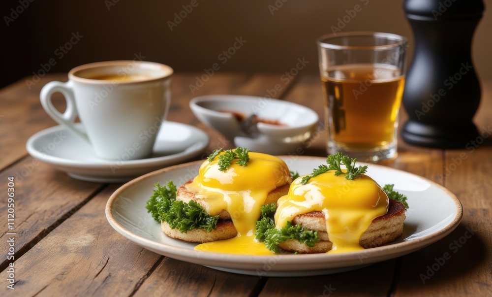 Delicious eggs benedict with coffee and tea Delicious eggs benedict with coffee and tea