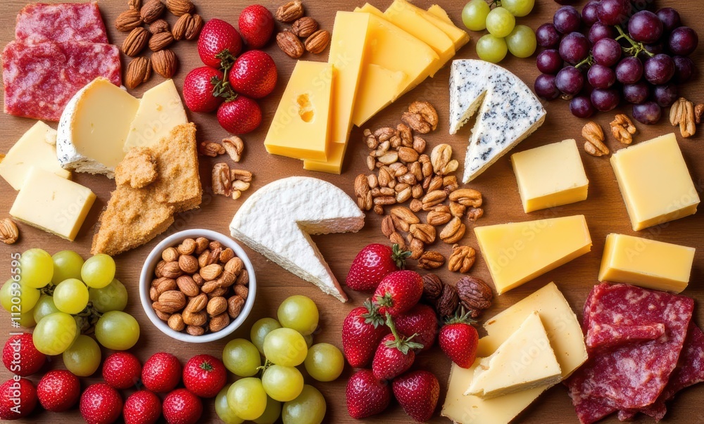 Assorted cheeses and fruits on a wooden board Assorted cheeses and fruits on a wooden board