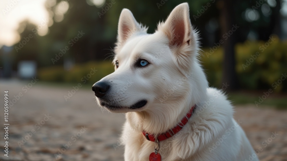 White dog with blue eyes sits outdoors. White dog with blue eyes sits outdoors.