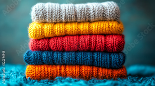 Colorful stack of cozy knitted sweaters in warm tones
