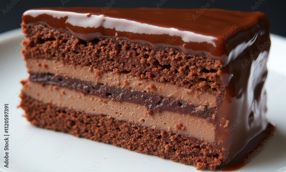 Delicious chocolate cake slice on plate Delicious chocolate cake slice on plate