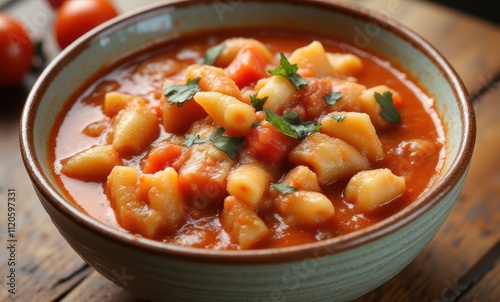 Hearty tomato pasta dish in a bowl