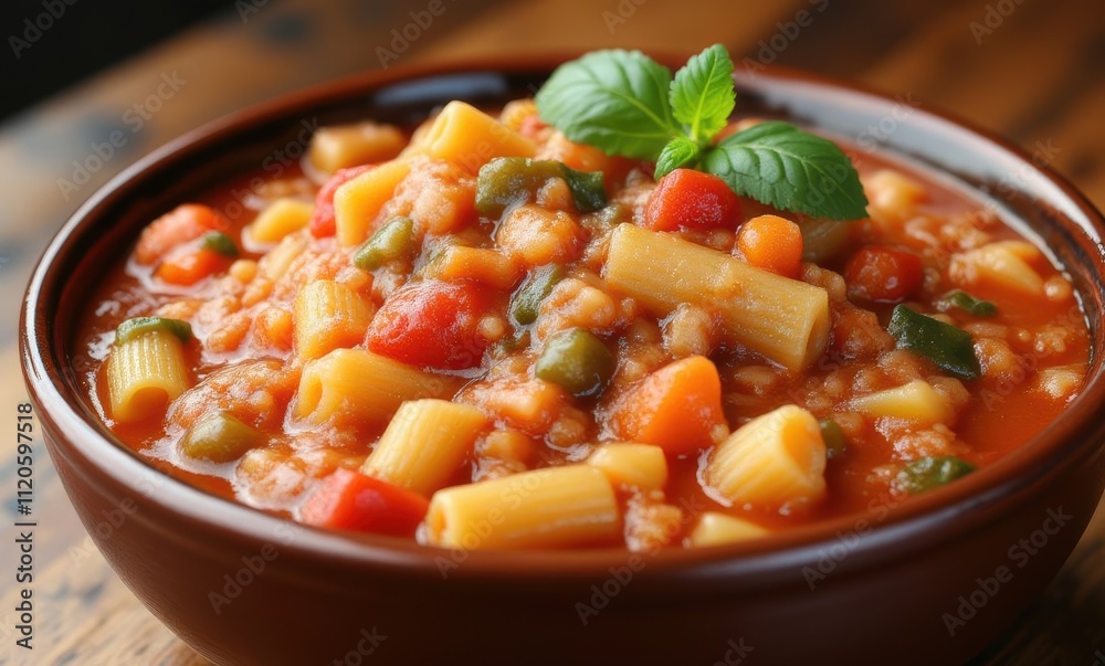 Hearty vegetable pasta soup in a bowl Hearty vegetable pasta soup in a bowl