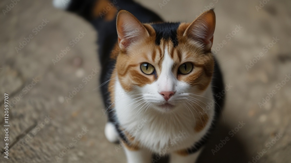 Close-up of calico cat looking directly at camera. Close-up of calico cat looking directly at camera.