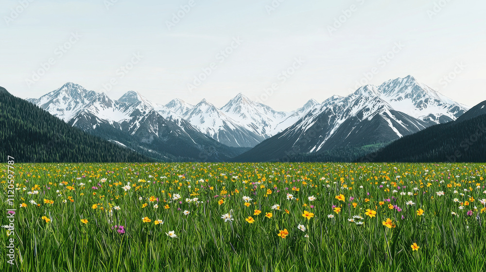 Fototapeta premium Genius loci, A scenic landscape featuring a vibrant flower meadow in the foreground and majestic snow-capped mountains in the background.
