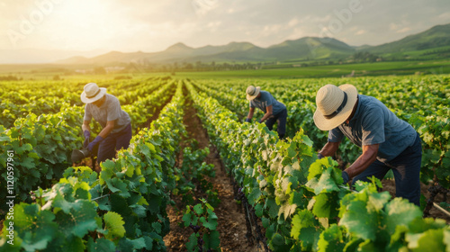 Genius loci, A picturesque vineyard at sunset, with farmers harvesting grapes amidst lush green rows and distant mountains.