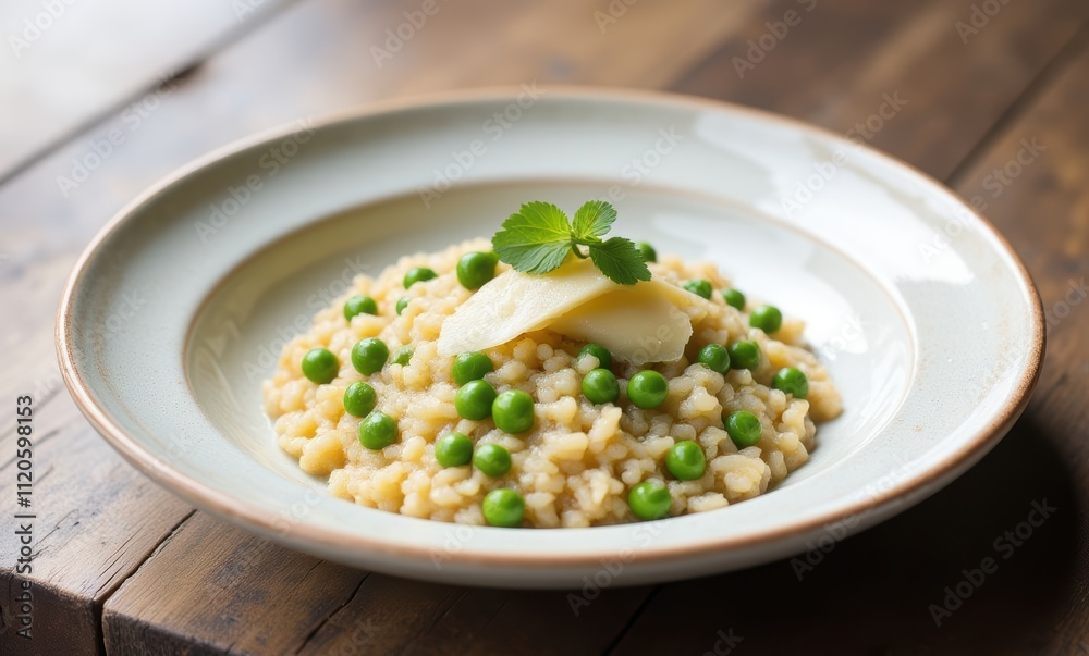 Creamy risotto with green peas and garnish Creamy risotto with green peas and garnish