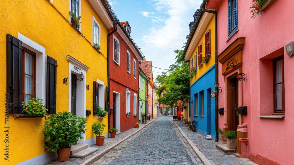Obraz premium Genius loci, A vibrant, picturesque street featuring colorful houses lined with plants, cobblestone pavement, and a clear blue sky.