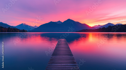 Genius loci, A serene lake at sunset, featuring a wooden dock leading to vibrant skies and majestic mountains in the background.